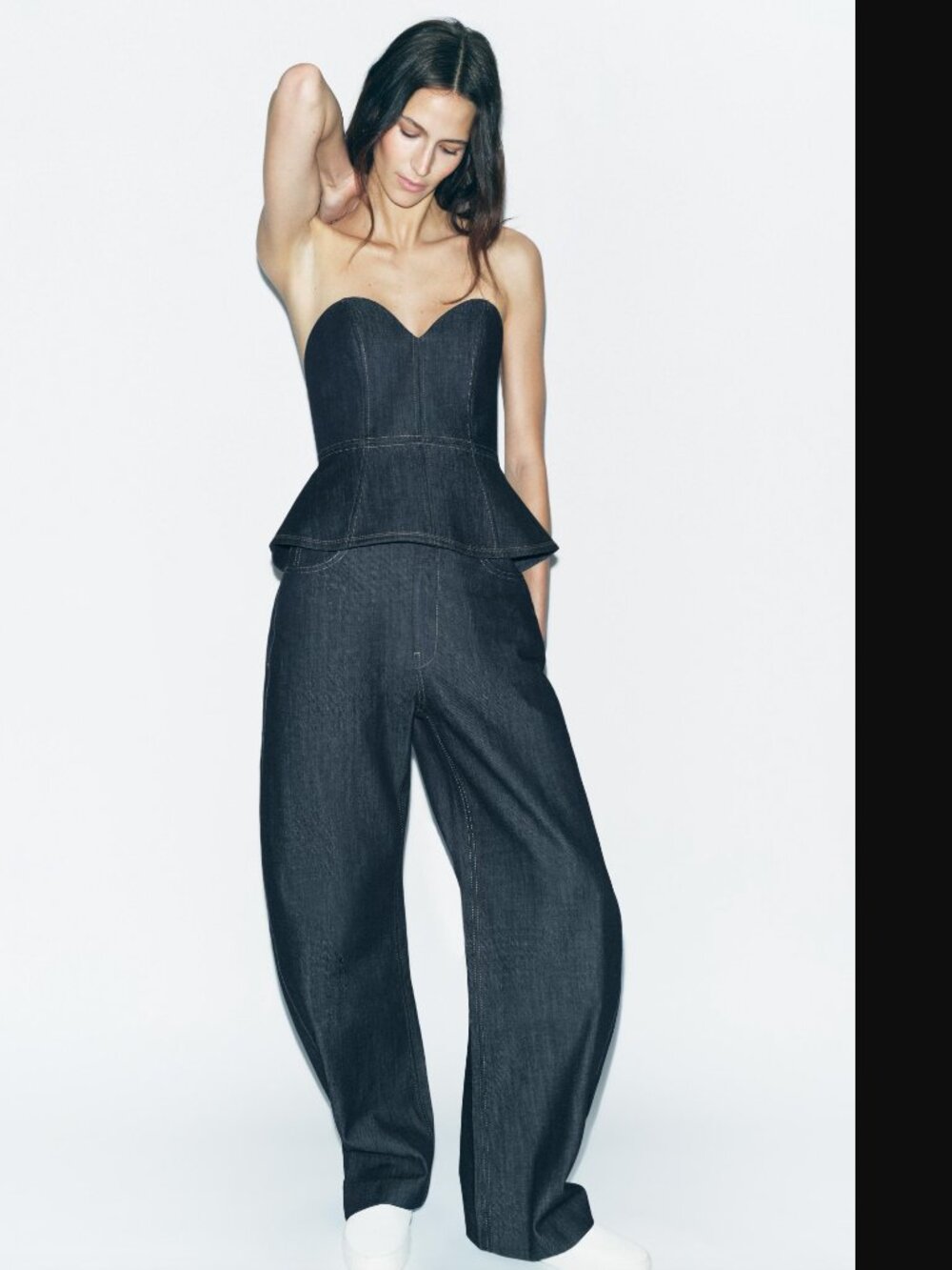Zara Black Strapless Peplum Denim Top